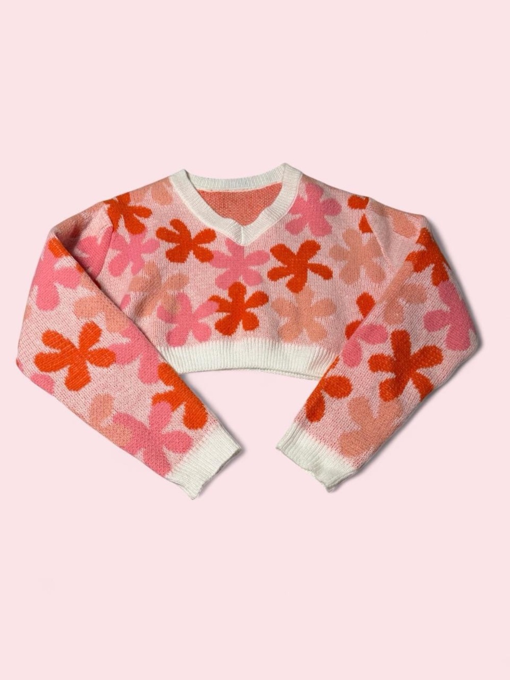 SHEIN Pink & Orange Floral V-Neck Crop Sweater